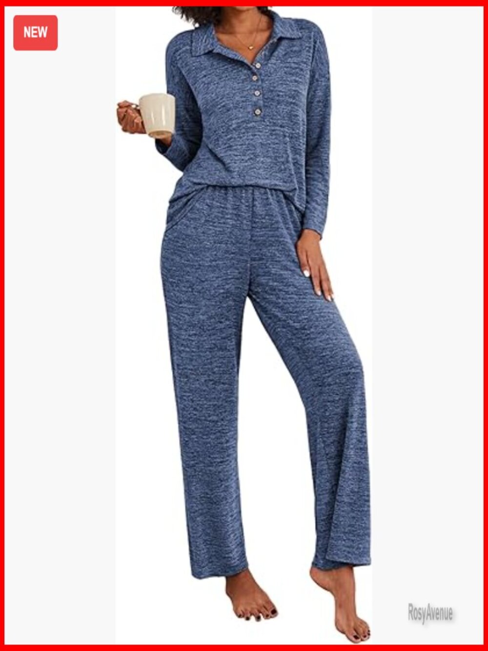 Women's 2 Piece Knit Long Sleeve Button Down Pajama Set Lounge Sleepwear